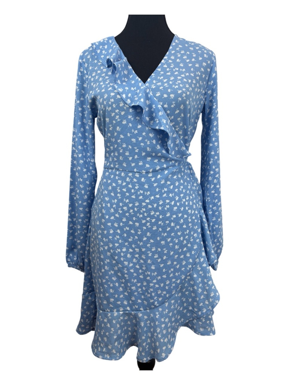 ONLY Blue Floral Wrap Dress XS Ruffle Hem Long Sleeve Mini Boho Feminine Spring